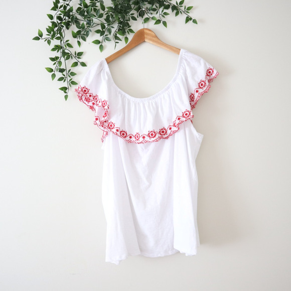 Lane Bryant White & Red Embroidered Ruffle Trim Off Shoulder Blouse Size 22/24 - Picture 1 of 4